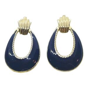 Dark Blue Earrings Open Oval Drop Gold Tone Pierced Earrings